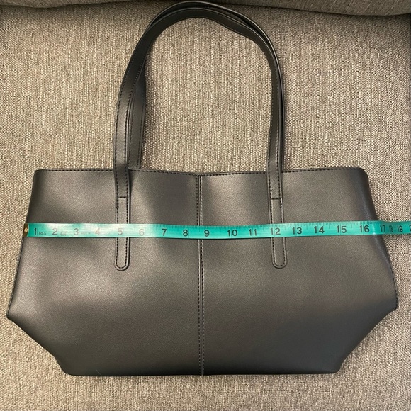 Faux Leather Triple Compartment Tote Bag in black with zippered top closure - Picture 13 of 14